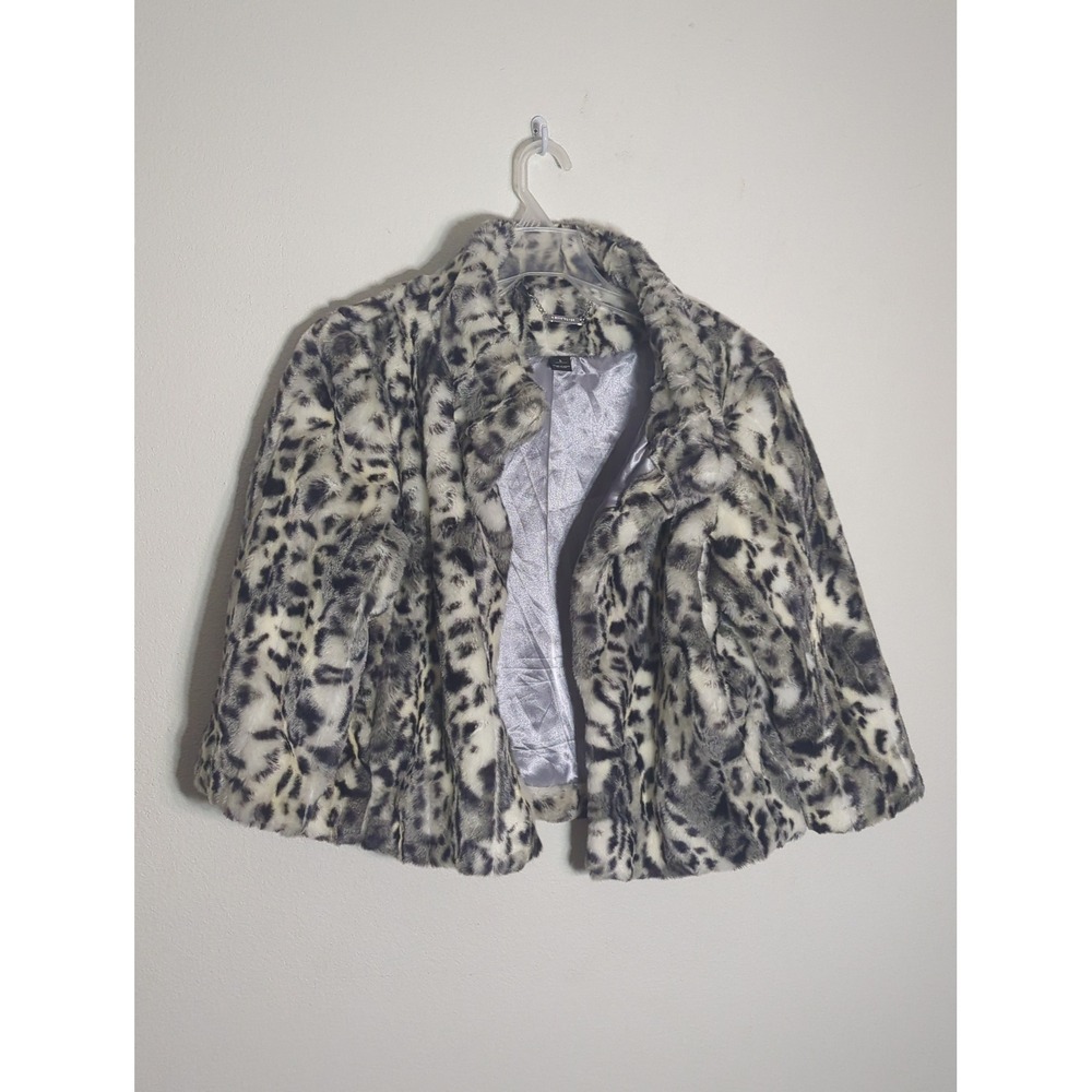 White House Black Market Womens Faux Fur Jacket Animal Print Cropped Coat Large